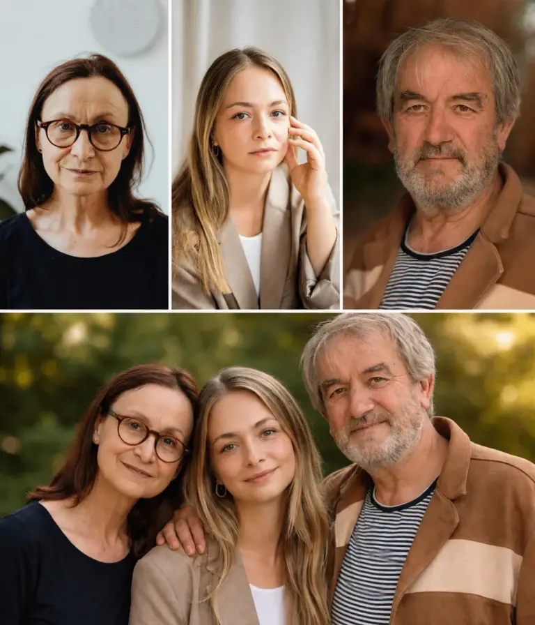 Wspólny portret rodziny złożony z trzech osobnych zdjęć