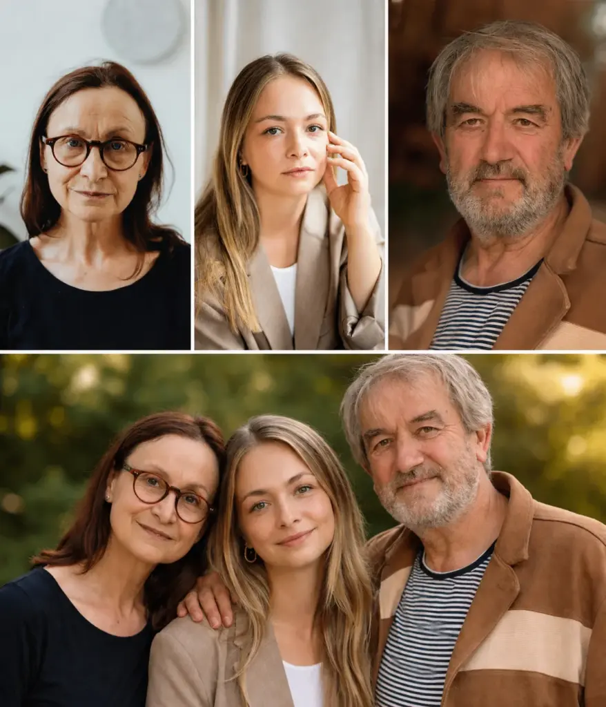 Wspólny portret rodziny złożony z trzech osobnych zdjęć
